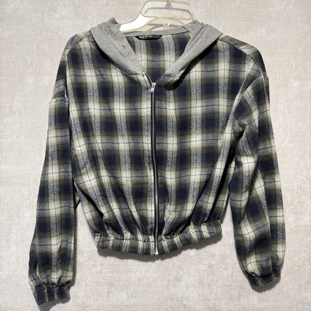 Shein Hoodie Womens XS Gray Navy Plaid Zip Up Hooded Cropped Casual Jacket
